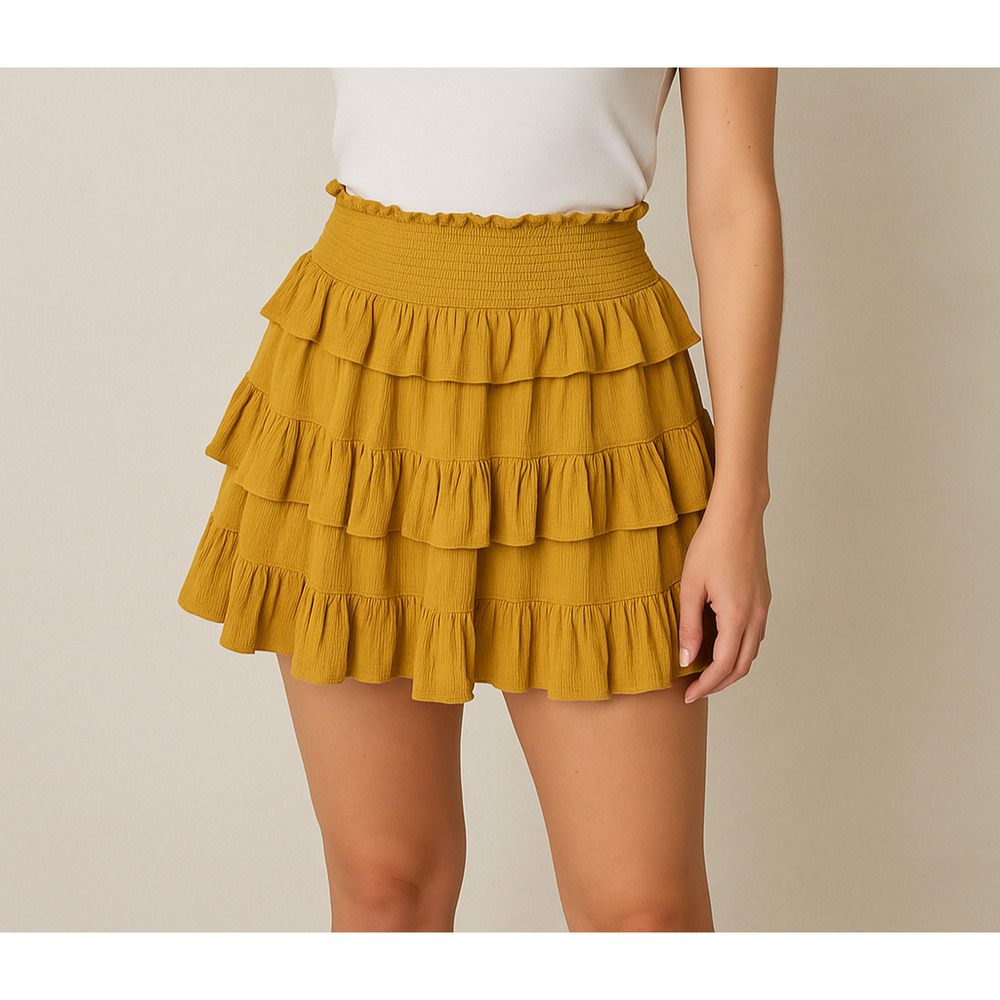 Free People Thalia Ruffle Tiered Mini Skirt Women XS Mustard Yellow Boho Smocked
